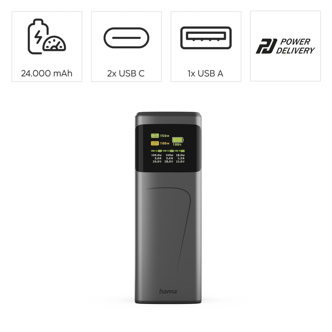 hama-power-pack-high-power-powerbank-150w-24000-mah-2x-usb-c-usb-a-power-deliver image 2