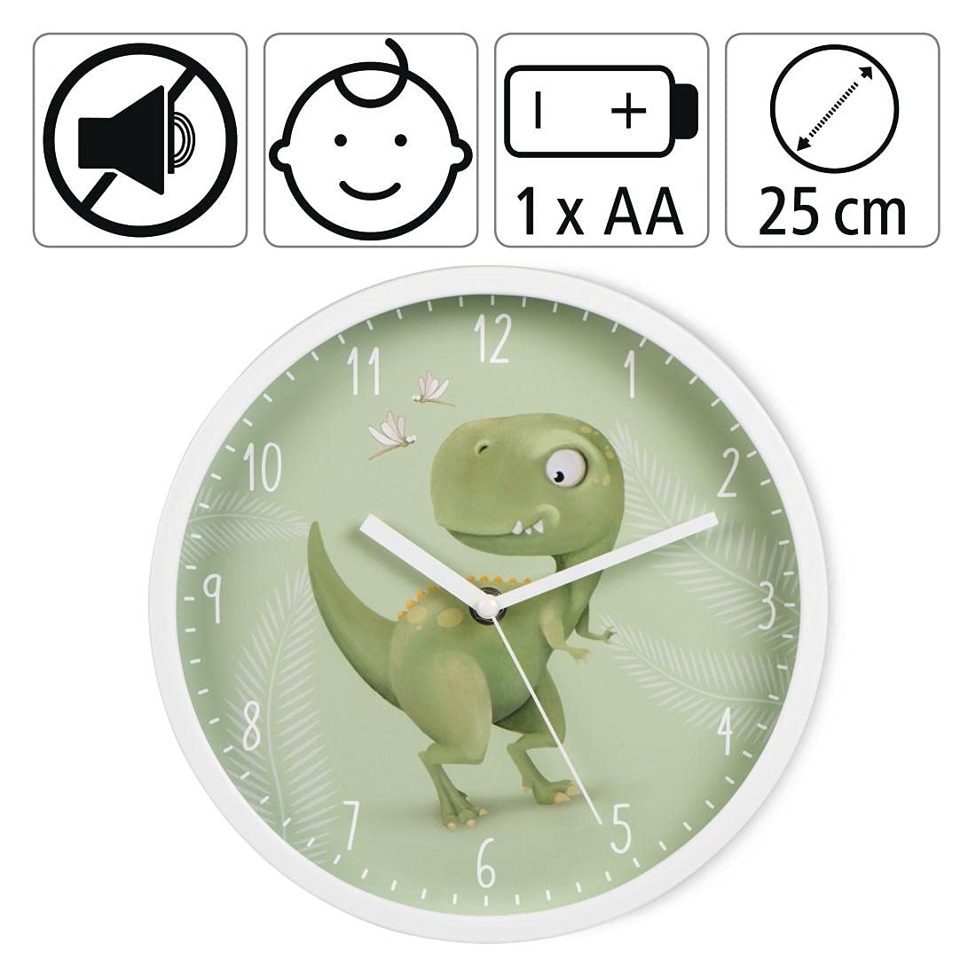 hama-happy-dino-kinder-wanduhr-runde-leise-quarz-wanduhr-mit-dino-motiv-ohne-tic image 3